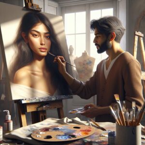 Portrait painting session concept.