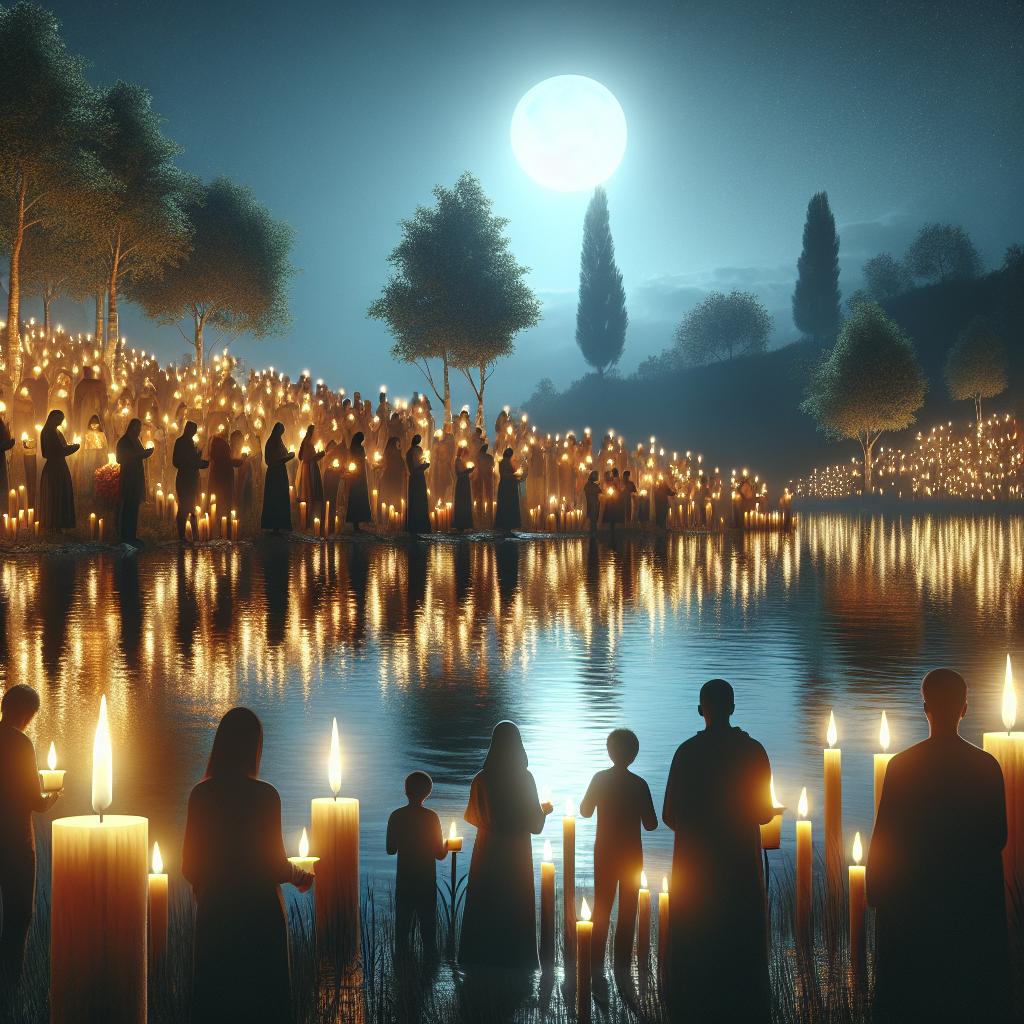 Candlelight vigil by river.