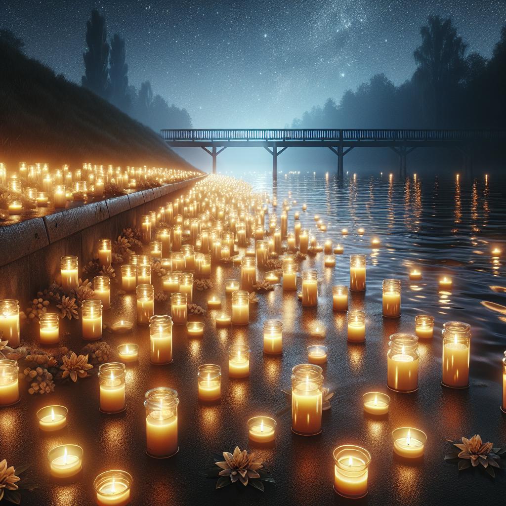 Riverside candlelit memorial.