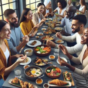 Diverse group discussing food.