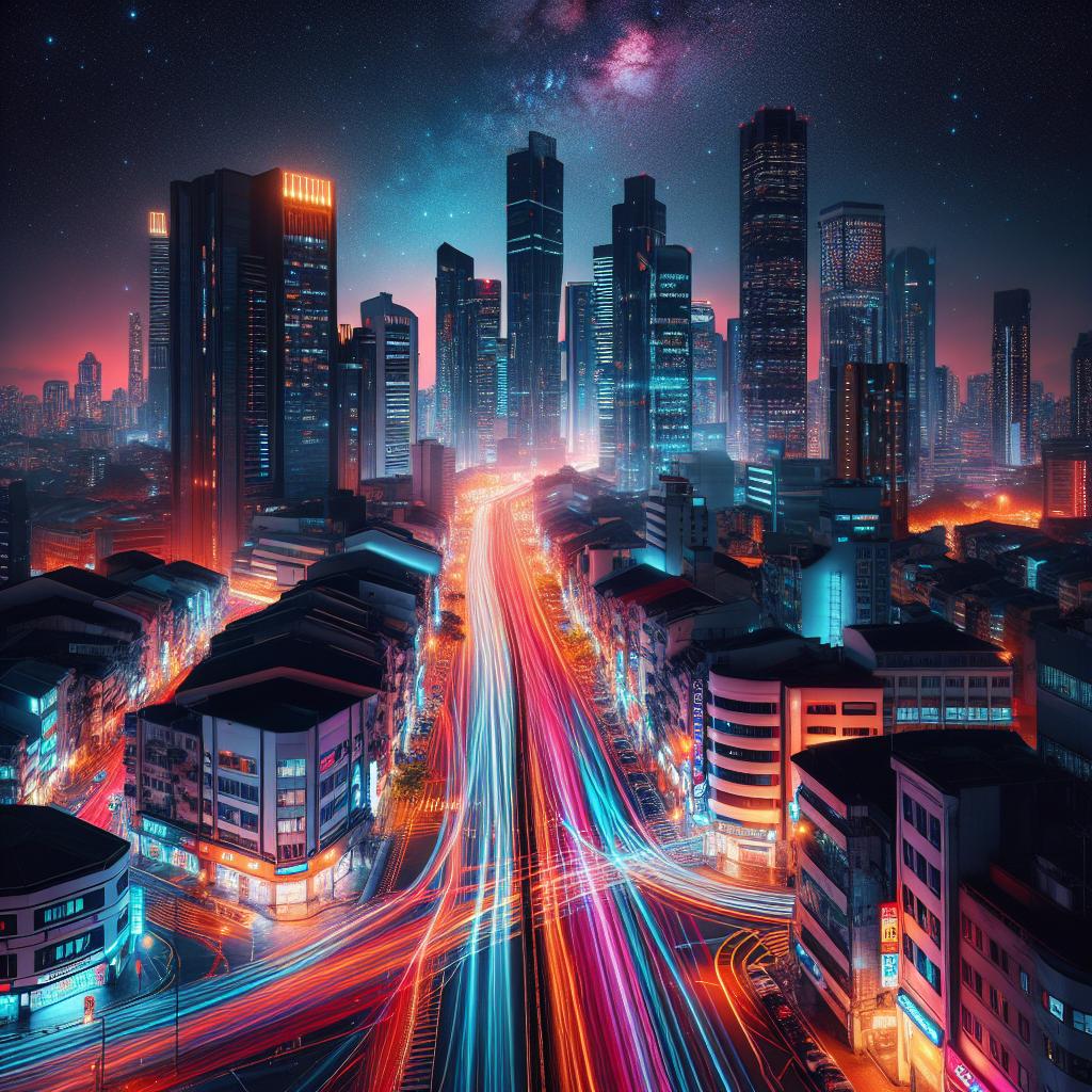 Nighttime cityscape long exposure.