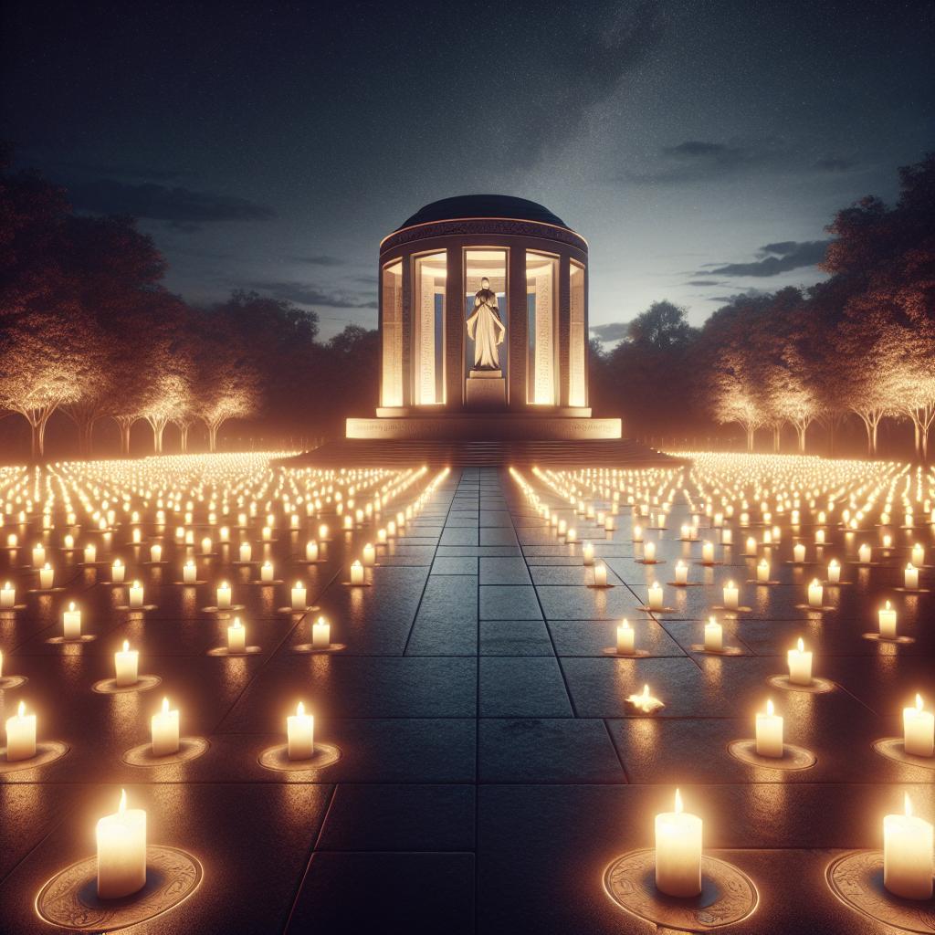 Candlelit memorial at night.