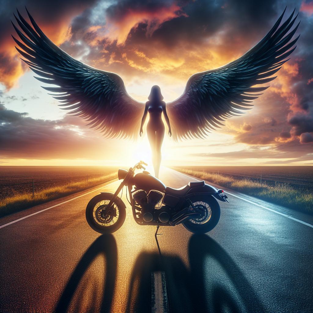 Motorcycle and angel silhouette.