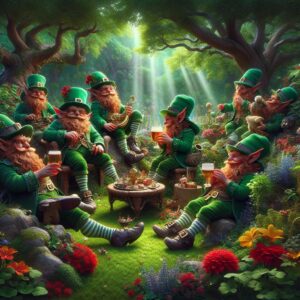 "Leprechauns in lush garden"