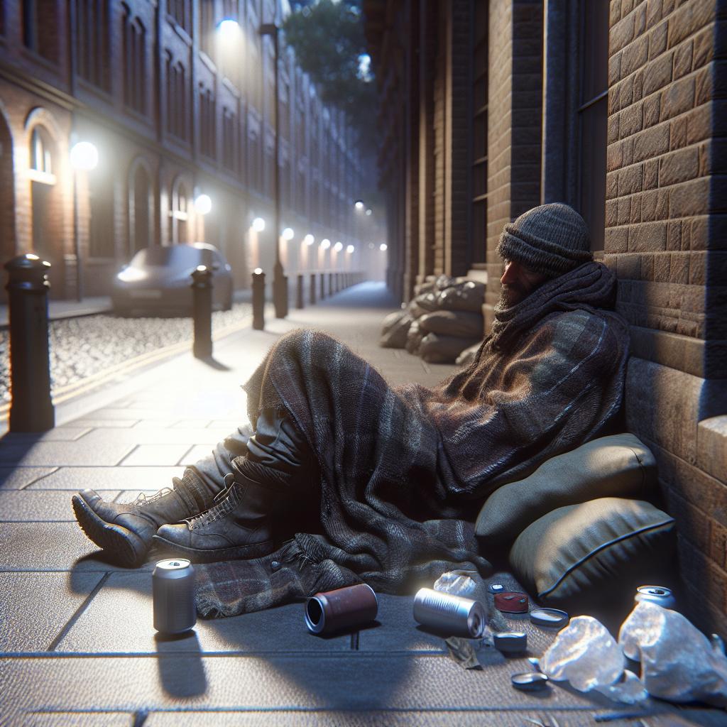 "Homeless person on street"