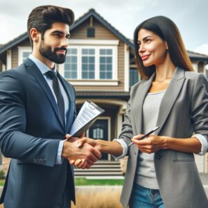 Homebuyer and agent handshake.