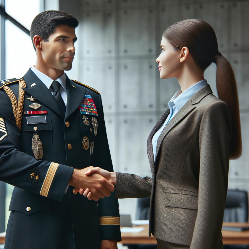 Military handshake with businessman.