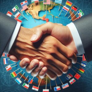 "Global trade collaboration handshake"