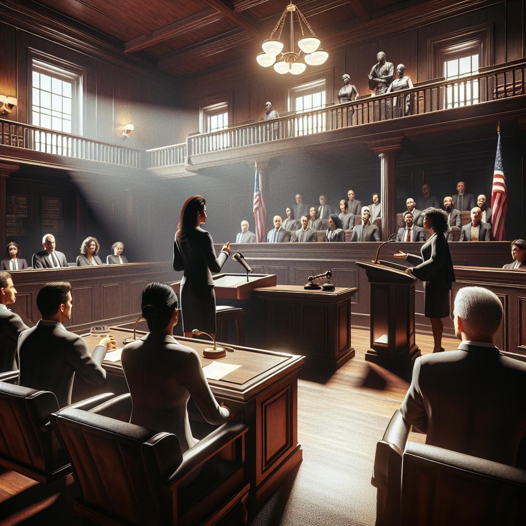 Courtroom drama scene.