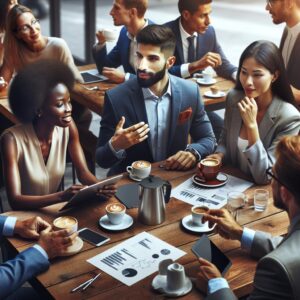 Entrepreneurs networking over coffee.