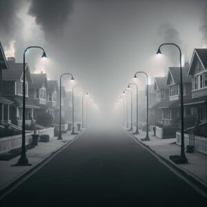 Smoke-filled neighborhood street scene.