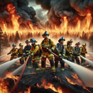 "Firefighters battling wildfires together"