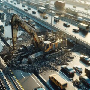 Pothole repair machinery on highway.