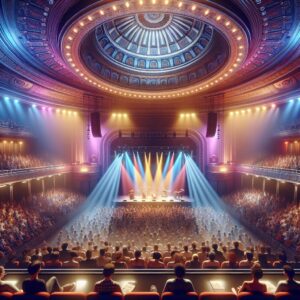 Colorful concert venue illustration.