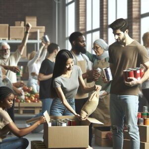 Food drive volunteers interacting.