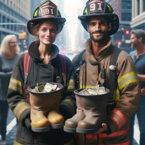 Firefighters holding donation boots.