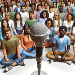 Microphone surrounded by students.