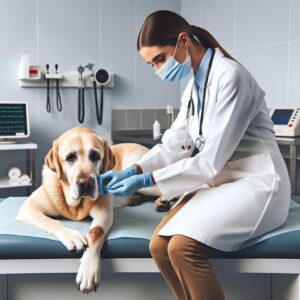 Dog receiving medical treatment.