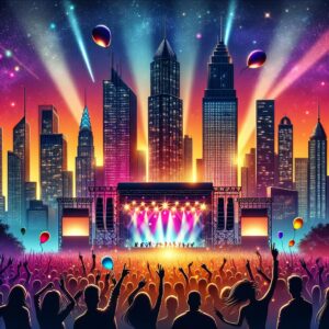 City skyline concert backdrop