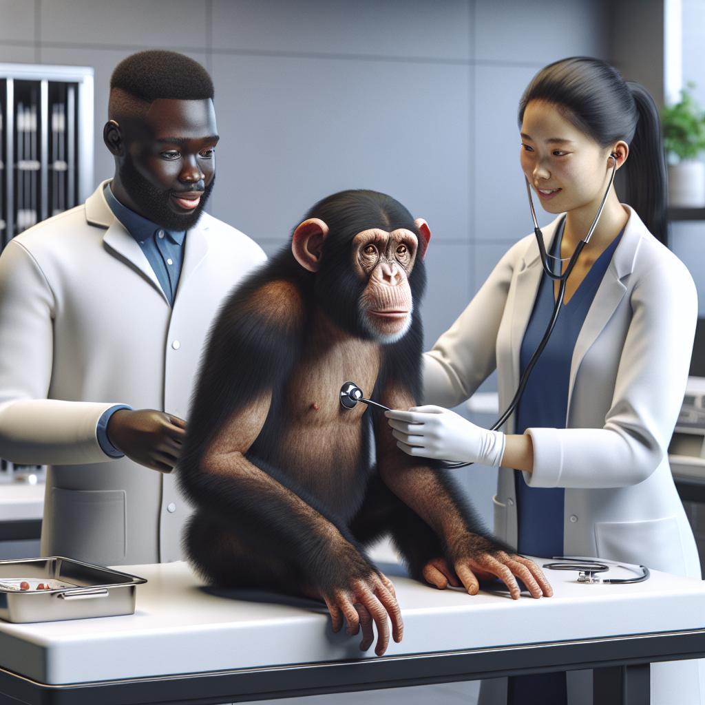 Chimpanzee medical examination illustration.