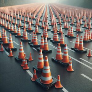 Safety cones blocking road.