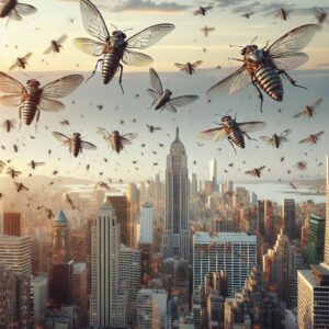 Cicadas swarm urban skyline