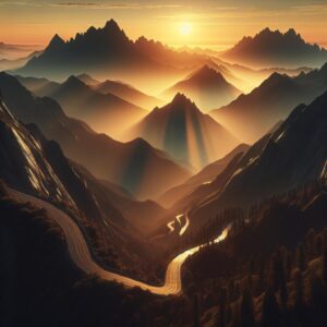 Mountain road sunset view.