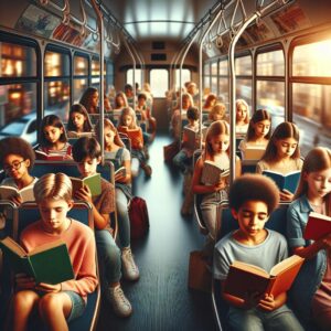 Children reading on bus.