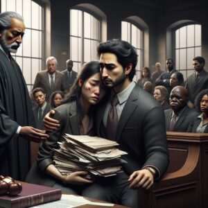 Emotional courtroom reconciliation scene.