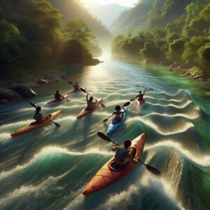 Kayakers on scenic river.