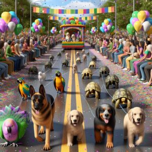 Colorful pet parade outdoors.