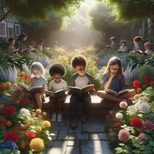 Children reading in garden.