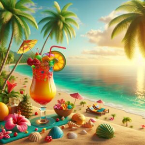 Tropical cocktail paradise scene.