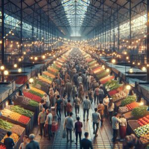 Busy food market interior.