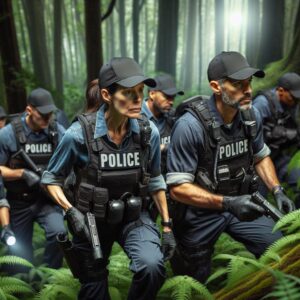 Police searching in forest.