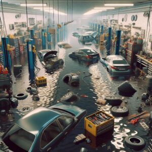 Car repair shop flooded.