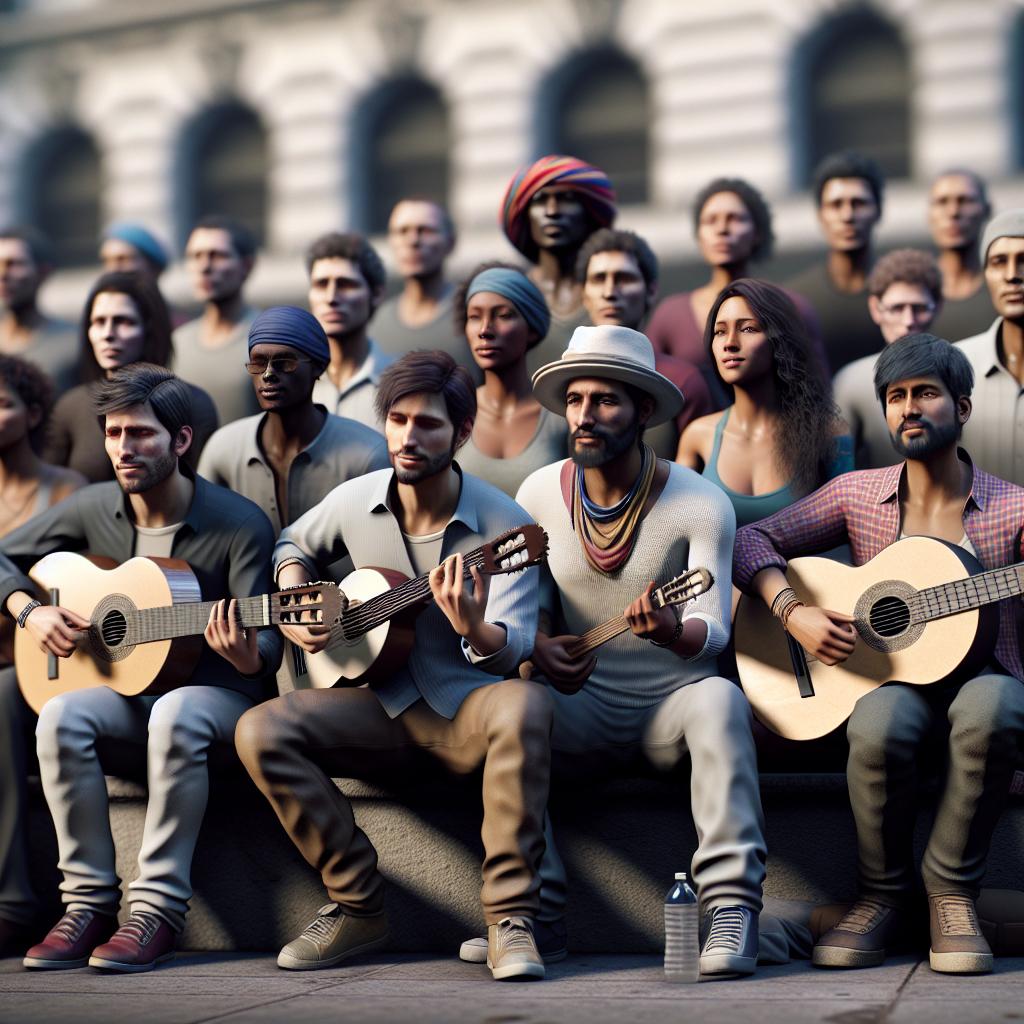 Musical street performers interacting.