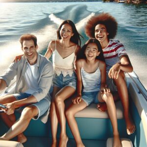 Family enjoying boating together.