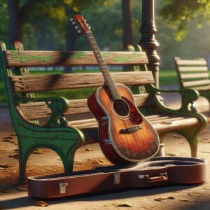 Guitar abandoned on bench