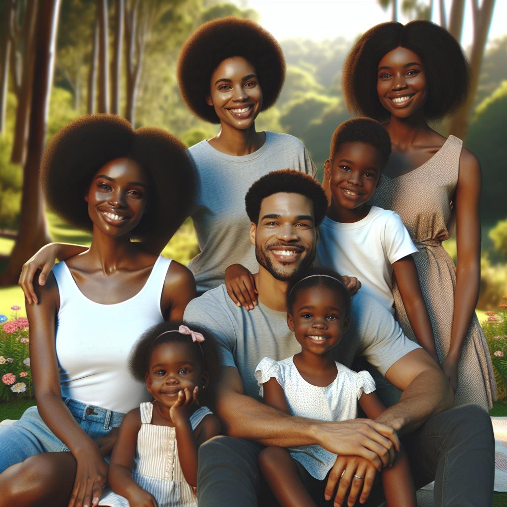 Black family portrait outdoors.