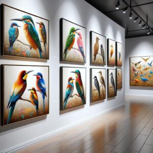 Colorful bird paintings exhibition.