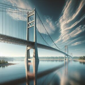 Suspension bridge over river.