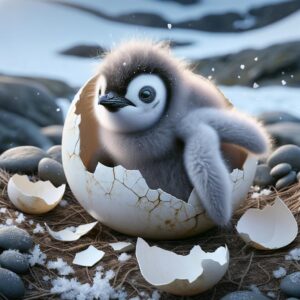 Penguin chick hatching egg.