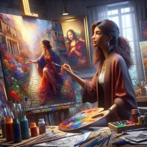 Artist showcasing vibrant paintings.