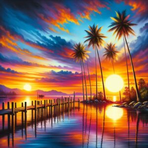 Waterfront sunset painting portrait