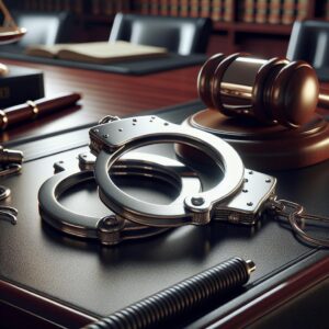 Handcuffs on courtroom table