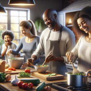 Family cooking celebration scene.