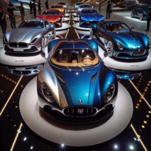 Luxury cars on display.