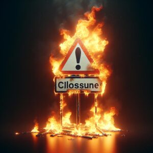 Burning road closure sign.