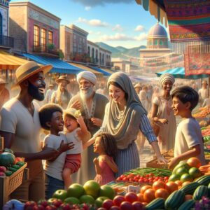 Summer family market scene.